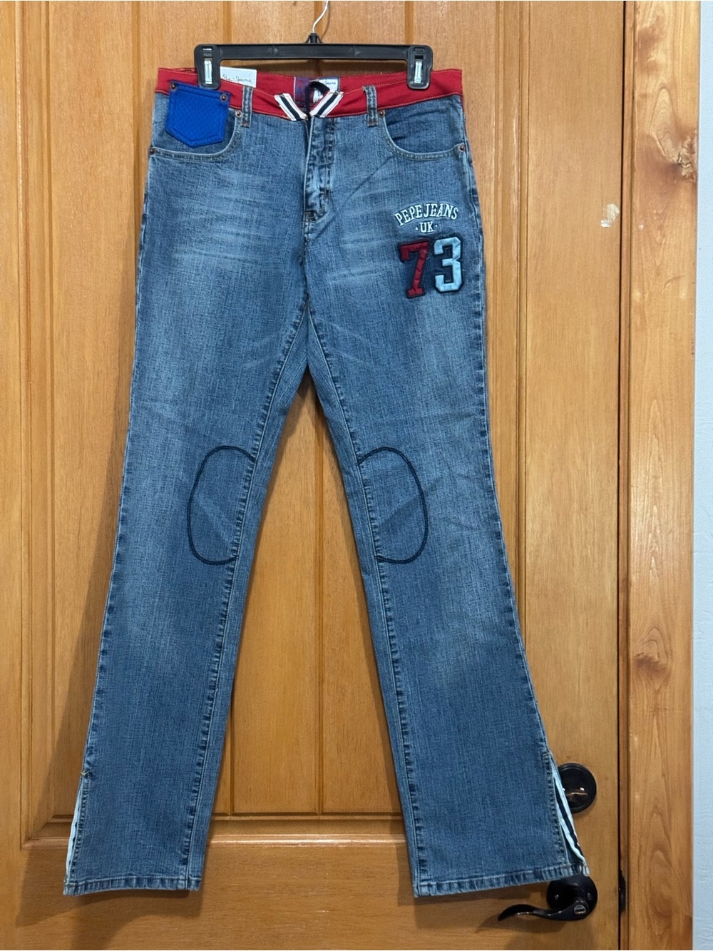 Pepe Jeans Ladies Size29 Blue Denim Bootcut with Red Rise 9.5, W15.5, 32”L